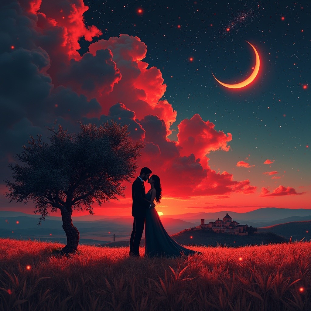 Couple Embracing Under Twilight and Crescent Moon