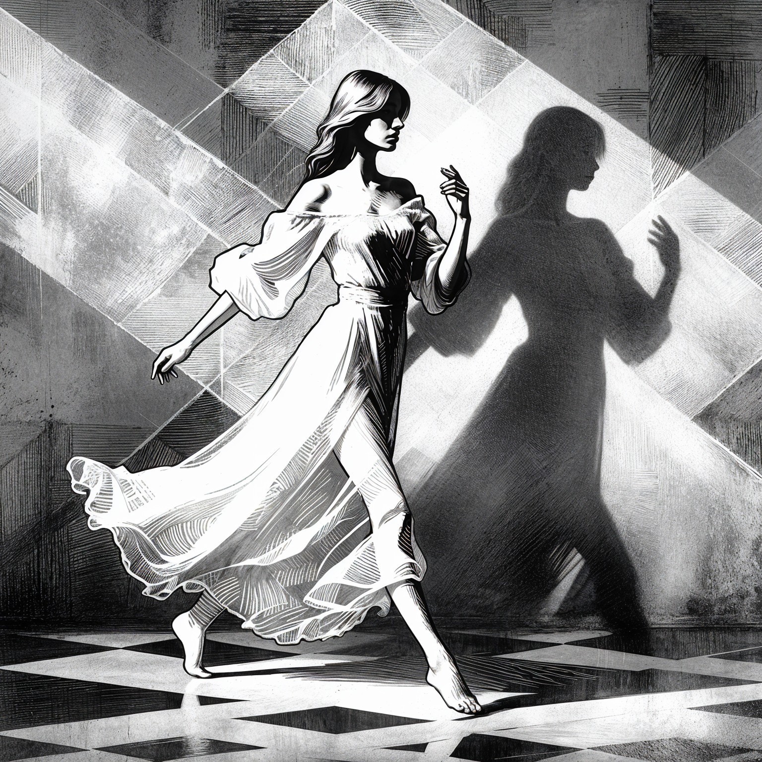 Elegant Woman in White Dress on Geometric Floor