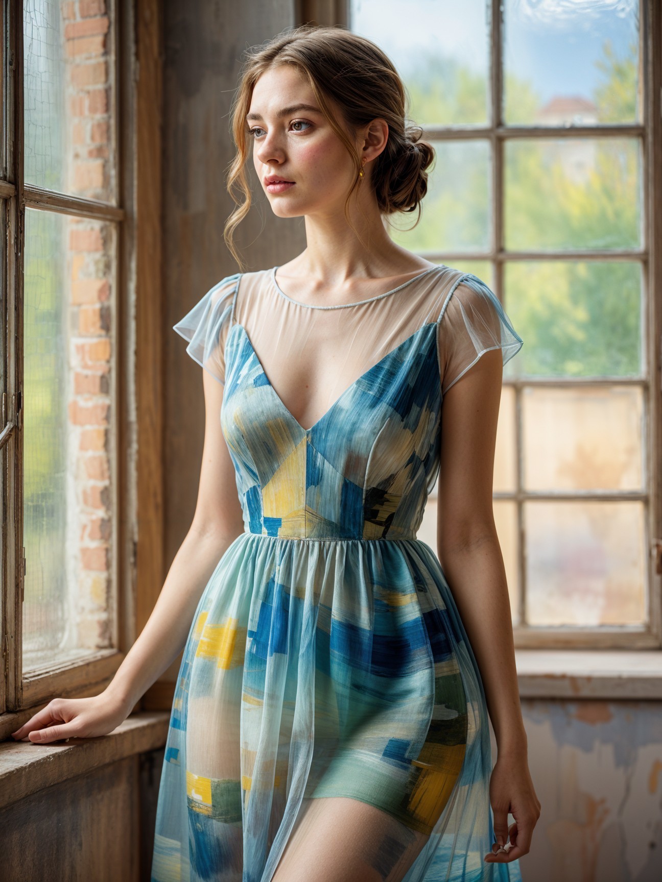 Young Woman in Sheer Dress by Window in Rustic Room