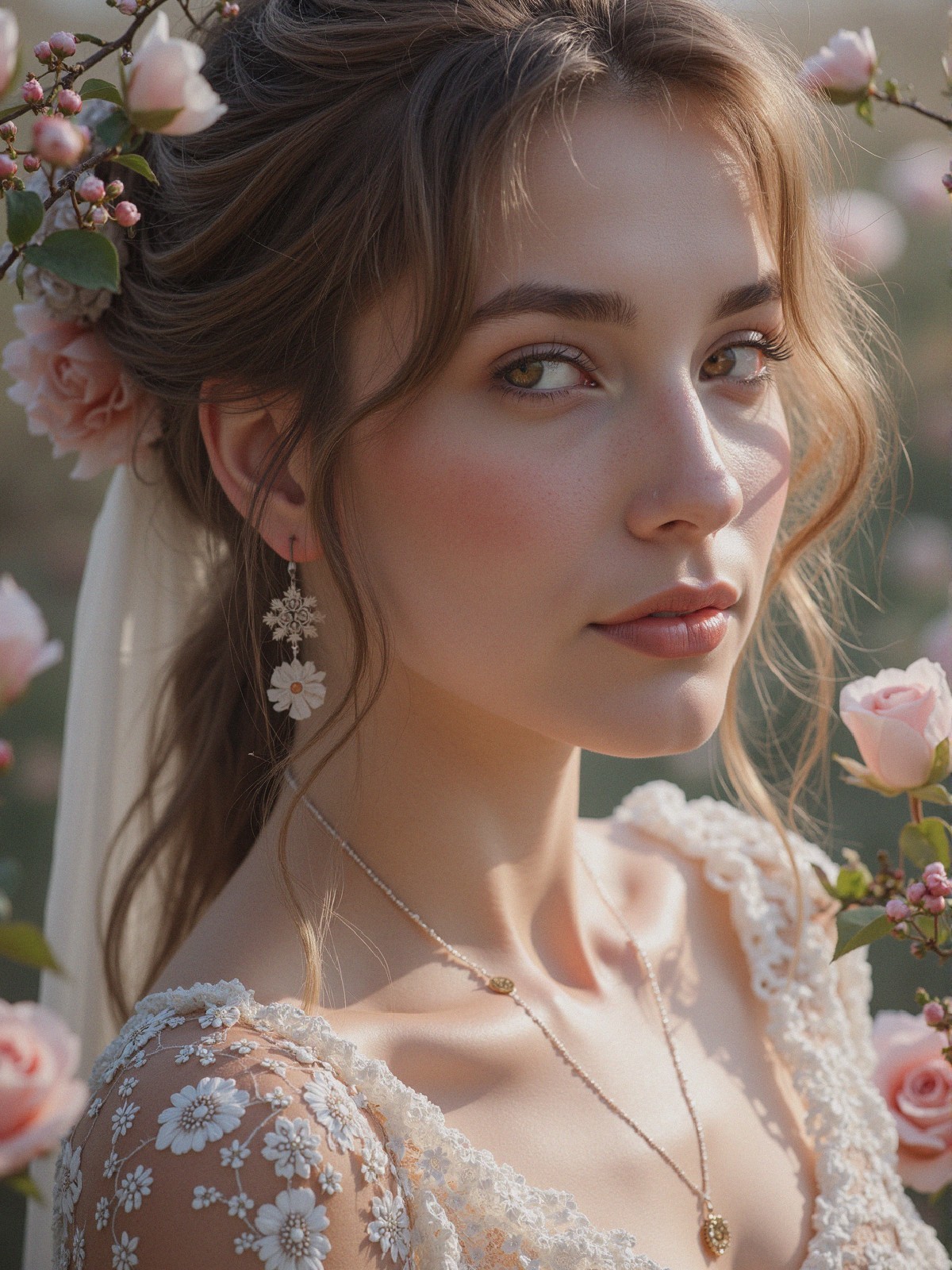 Portrait of a young woman with pink roses backdrop