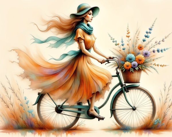 Serene Illustration of a Woman on a Vintage Bicycle