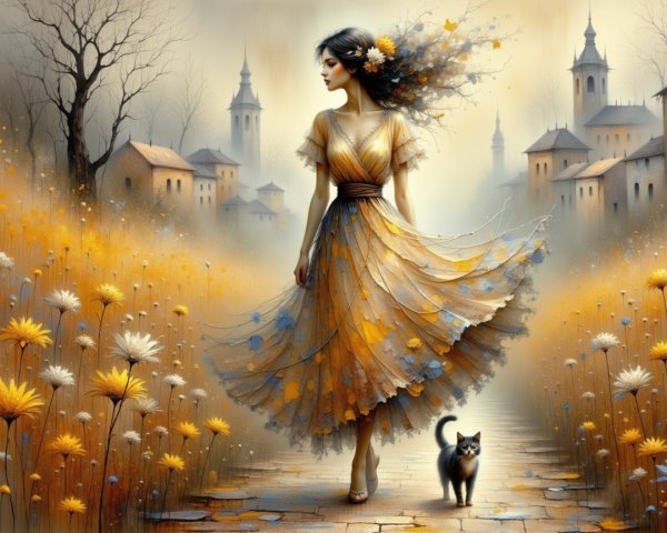 Serene Landscape with Woman and Black Cat in Meadow