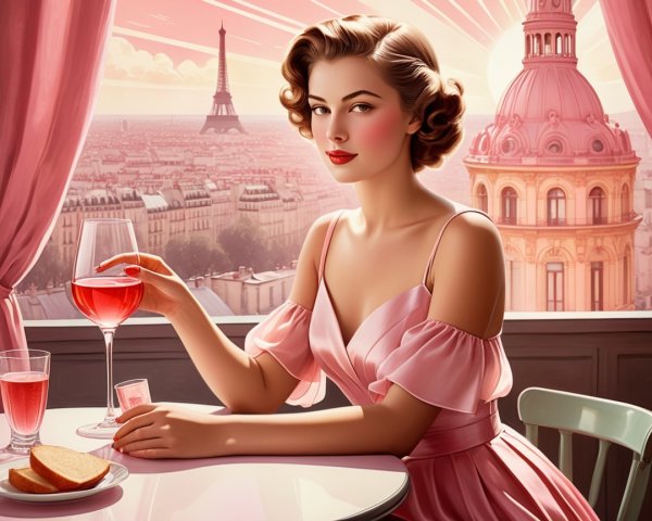 Elegant Woman in Pink Dress at Paris Café with Eiffel Tower