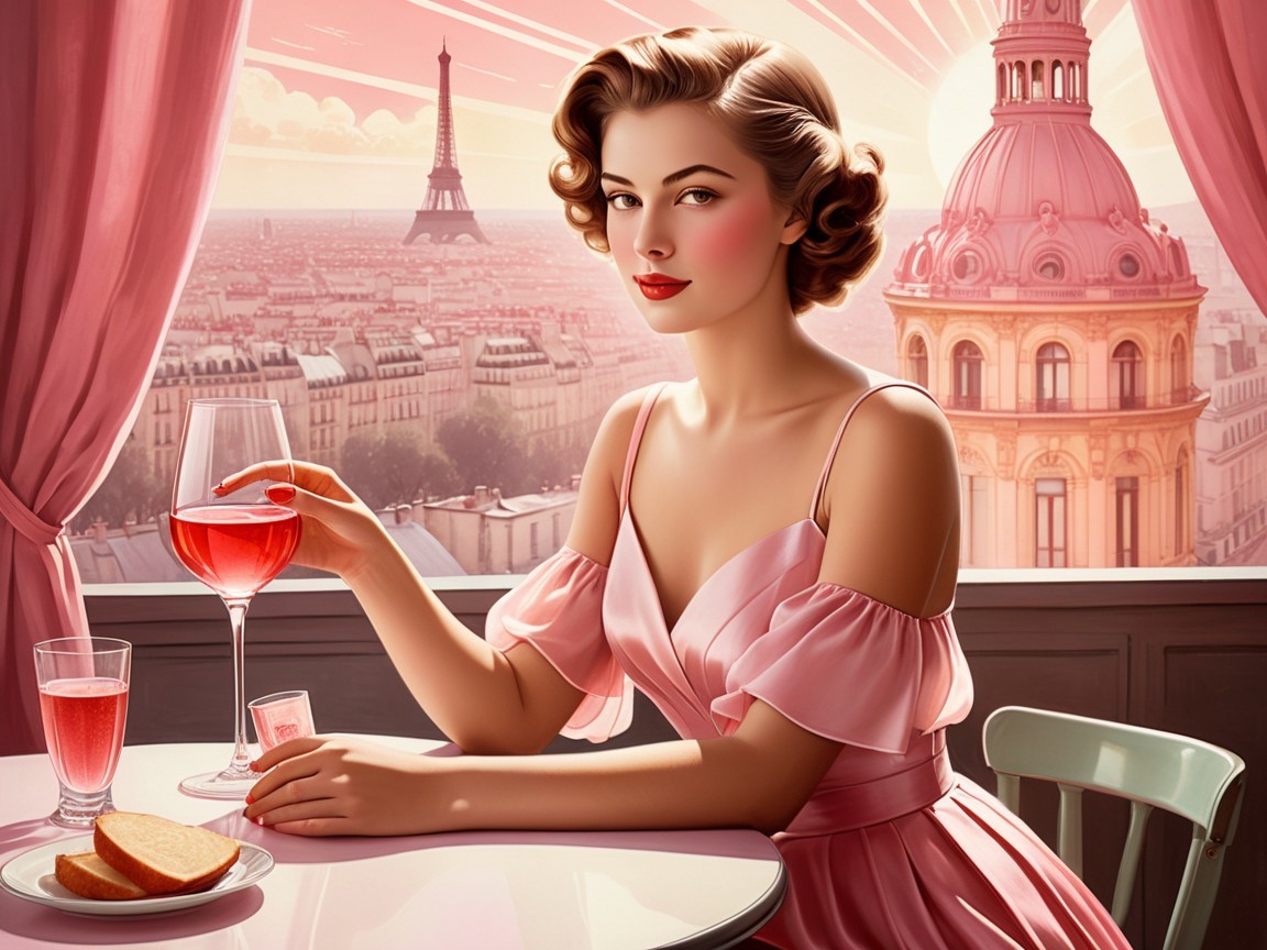 Elegant Woman in Pink Dress at Paris Café with Eiffel Tower