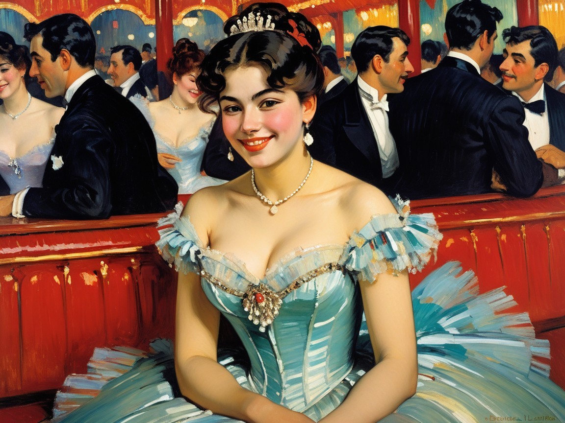 Glamorous Woman in Blue Gown at Vintage Ballroom Bar