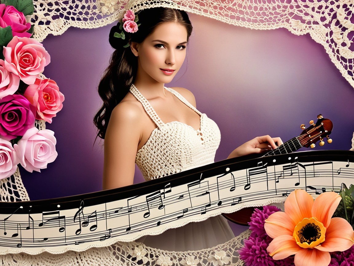 Young Woman with Ukulele in Floral and Lace Setting