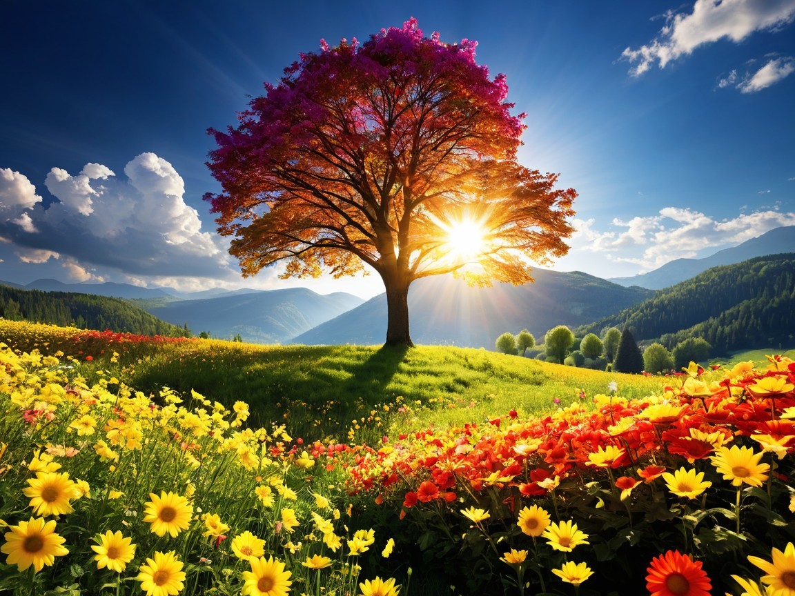 Majestic tree with vibrant leaves in a lush landscape