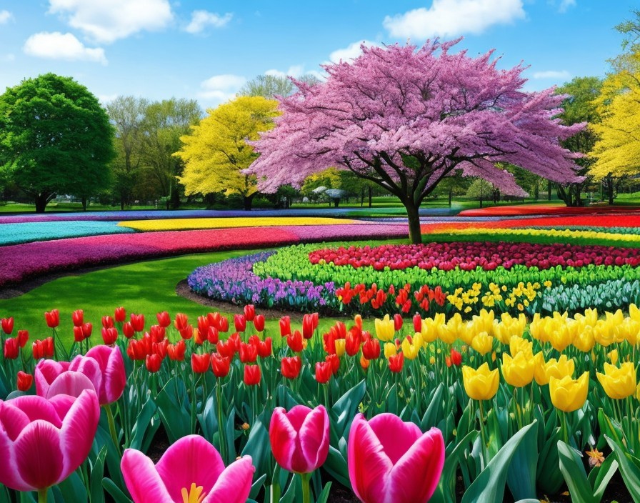 Vibrant Garden Landscape with Colorful Tulips and Trees