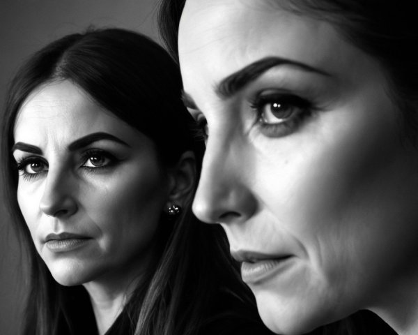 Black and White Portrait of Two Women in Profile