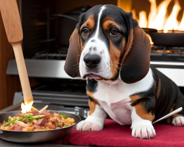 Beagle Observes Colorful Food on Kitchen Counter