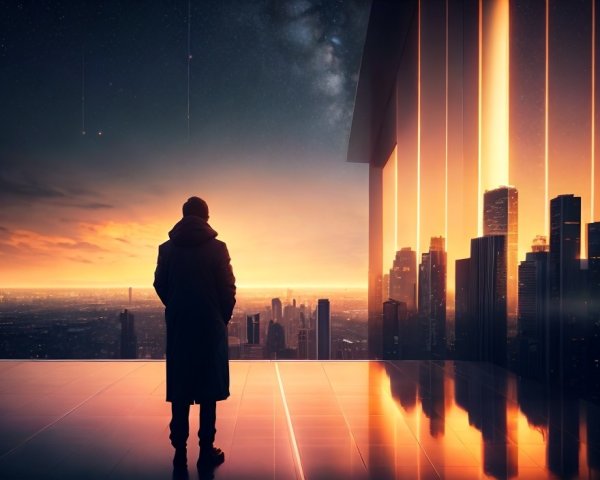 Person in coat observes futuristic cityscape at twilight