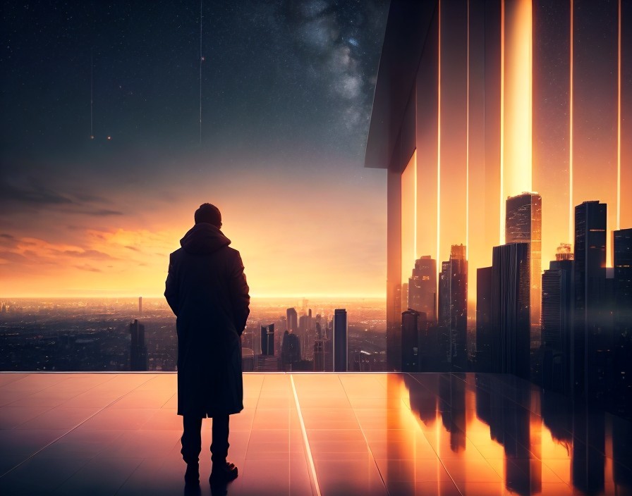 Person in coat observes futuristic cityscape at twilight