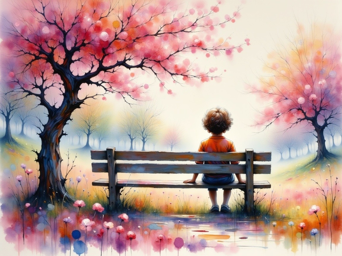 Serene Landscape with Child and Cherry Blossom Trees