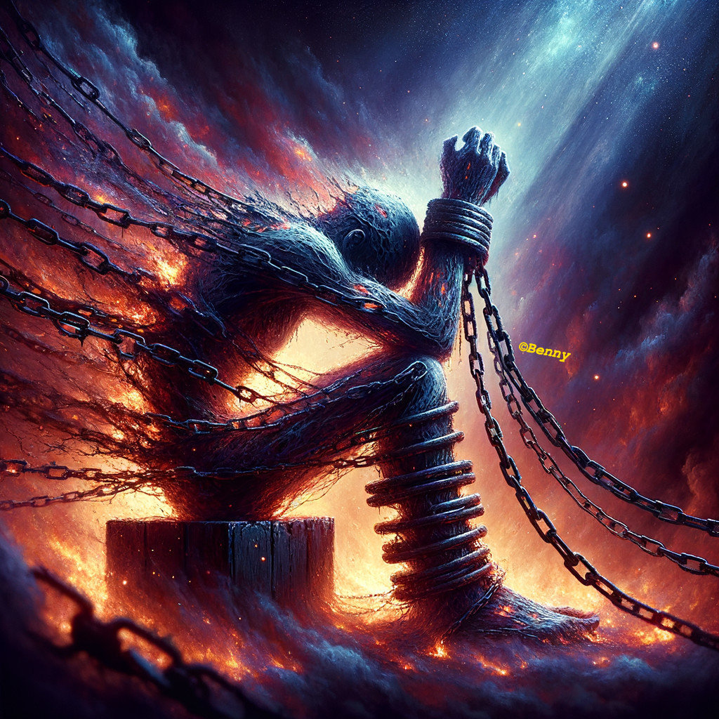 Ethereal Figure Enshackled by Glowing Chains