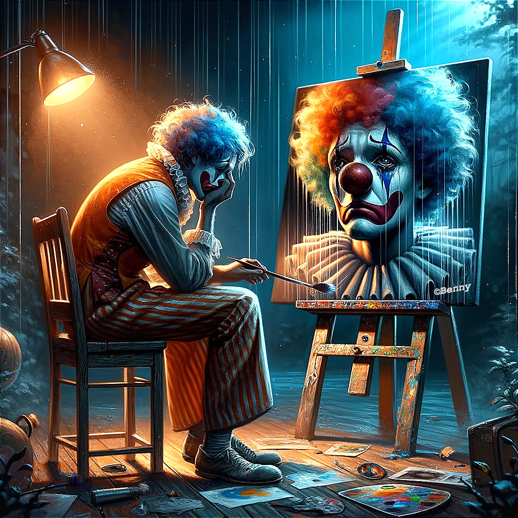 Clown Painting Self-Portrait in Dimly Lit Room