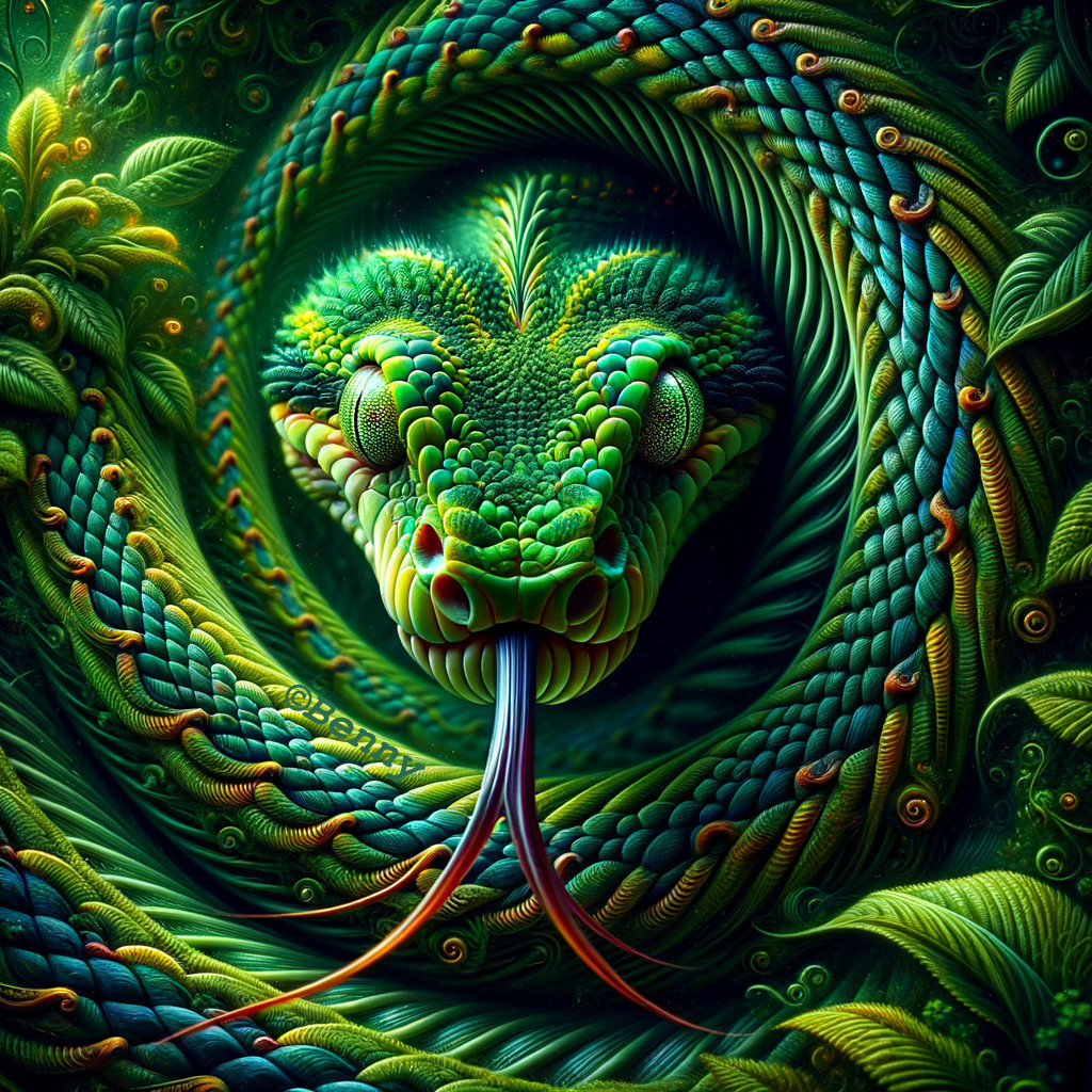 Intricate Snake Coiled in Lush Green Foliage