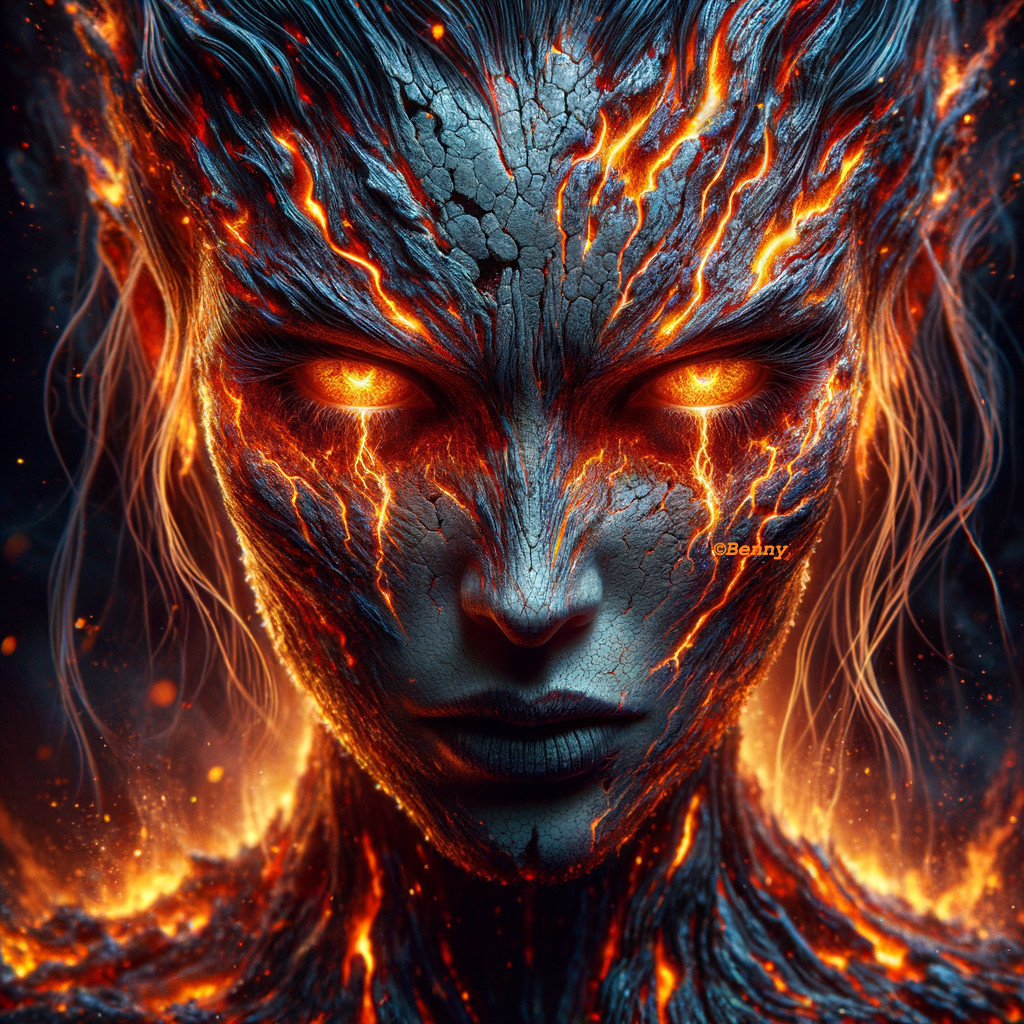 Ethereal Figure with Molten Rock Face and Glowing Eyes