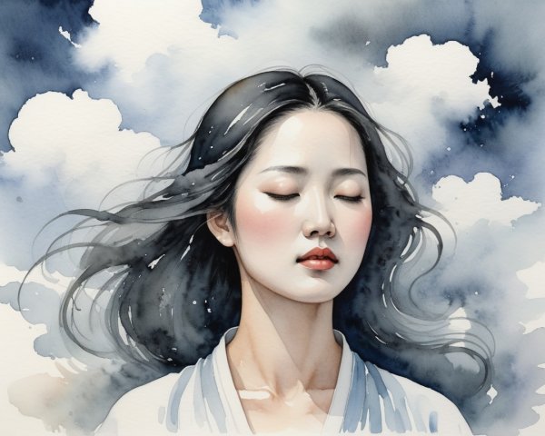 Serene Portrait of a Young Woman in Watercolor