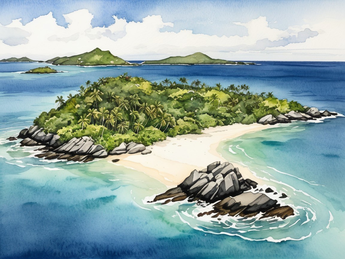 Watercolor Illustration of a Tropical Island Scene