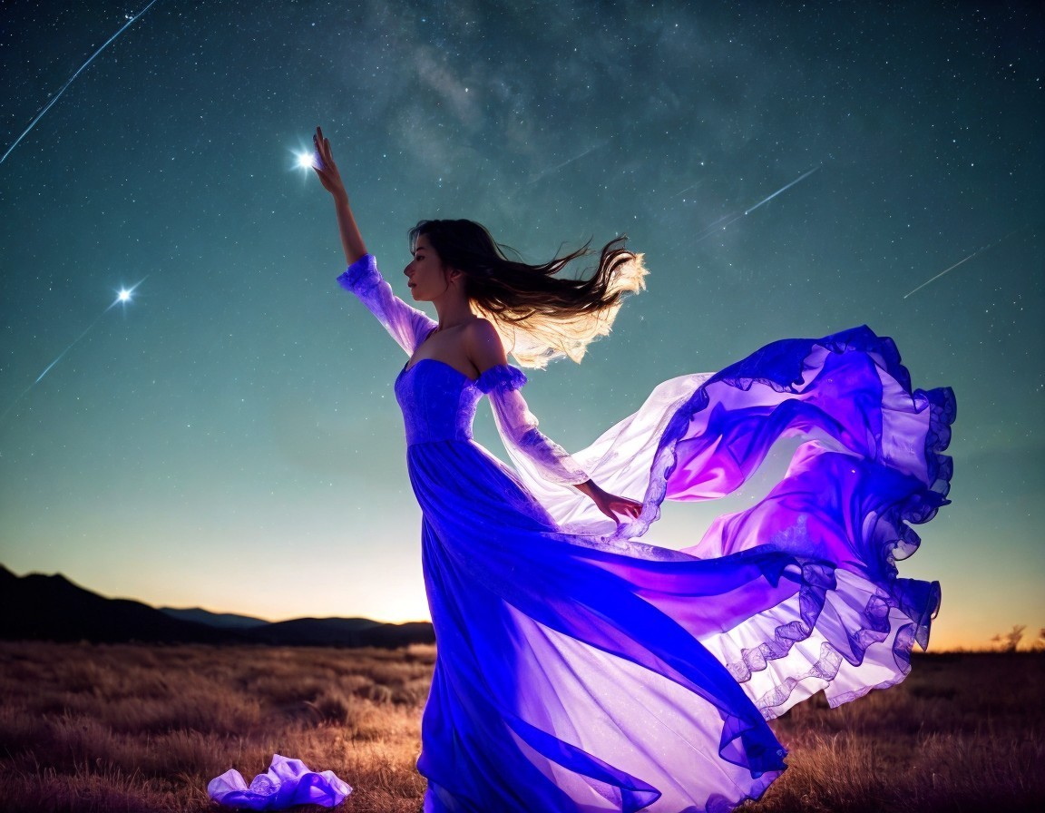Woman in Blue Dress Dancing Under Starry Sky