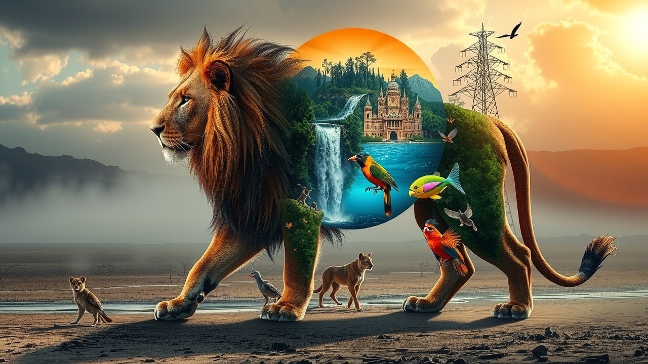 Majestic lion silhouette with vibrant landscape elements