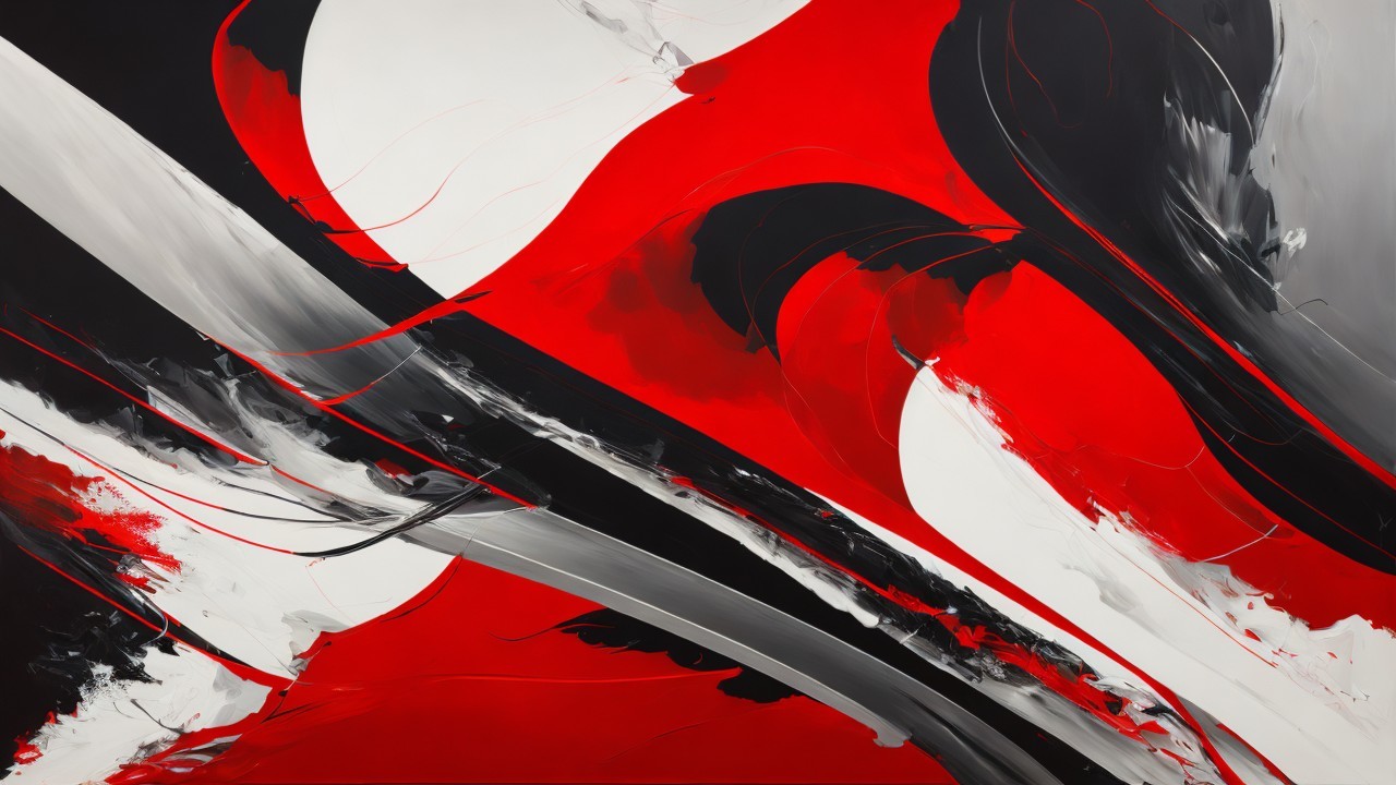 Abstract Painting with Bold Red, Black, and White Strokes