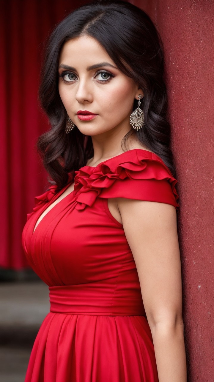 Woman in Red Dress Against Vibrant Red Wall