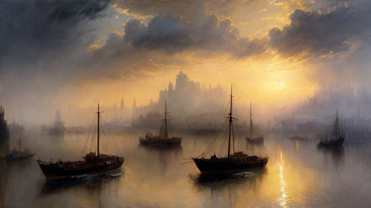 Serene Dusk Maritime Scene with Boats and Castle Silhouette