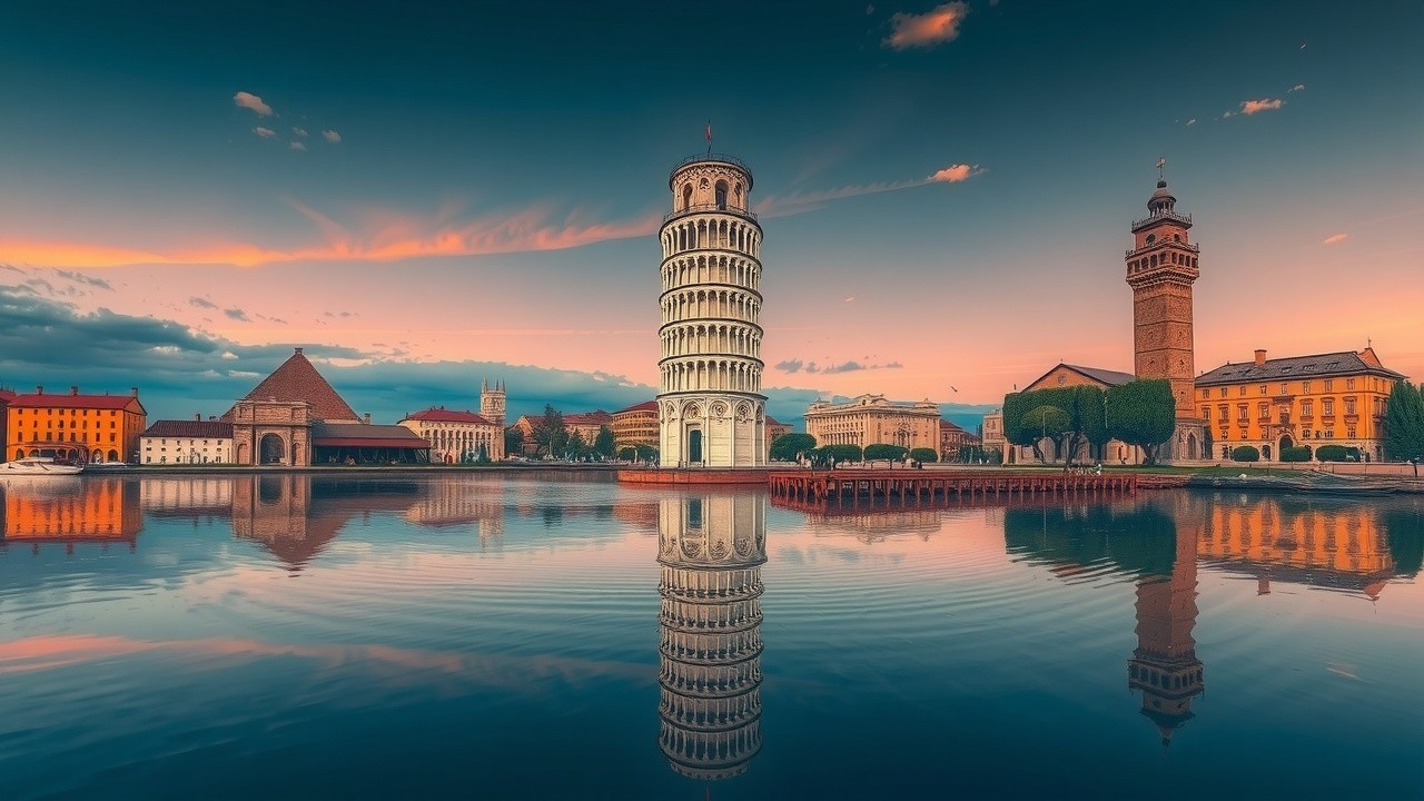 Leaning Tower of Pisa Reflected in Serene Waters