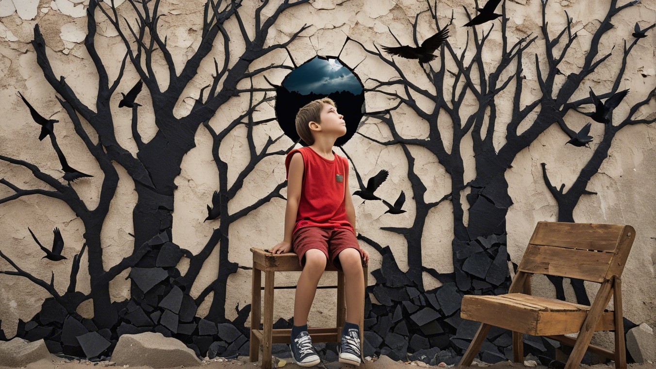 Boy on Chair Against Textured Wall and Silhouettes