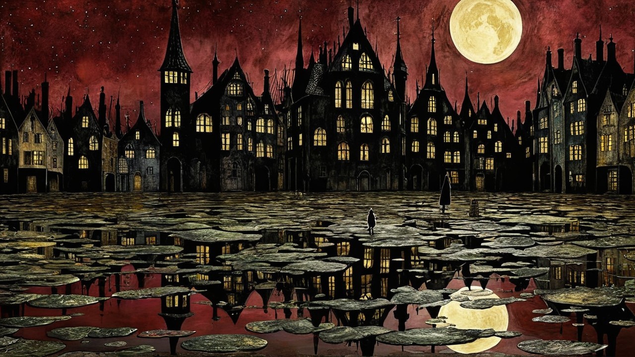 Gothic Buildings Under Full Moon with Water Reflection