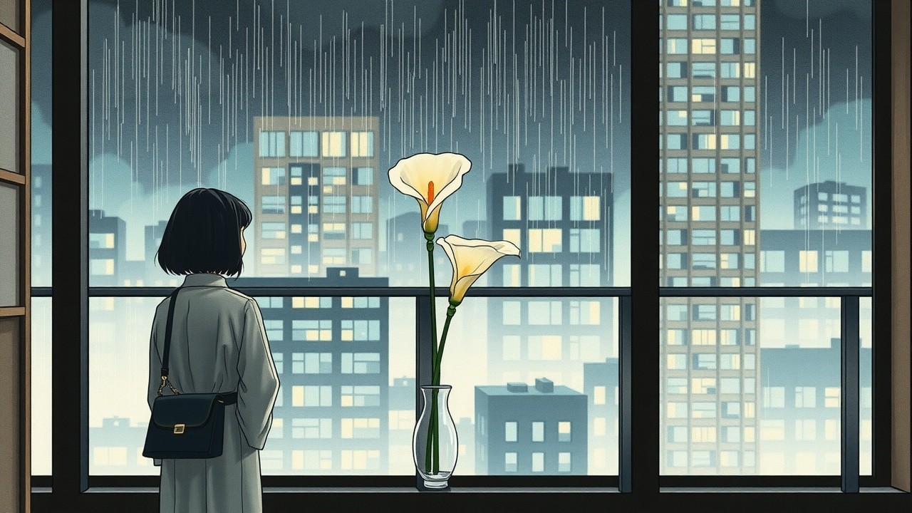 Young Woman Gazing at Rainy Cityscape with Calla Lilies