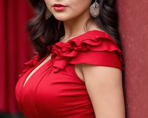 Woman in Red Dress Against Vibrant Red Wall