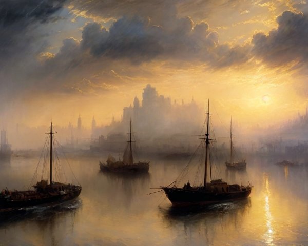 Serene Dusk Maritime Scene with Boats and Castle Silhouette