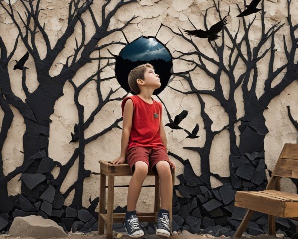 Boy on Chair Against Textured Wall and Silhouettes