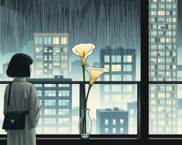 Young Woman Gazing at Rainy Cityscape with Calla Lilies
