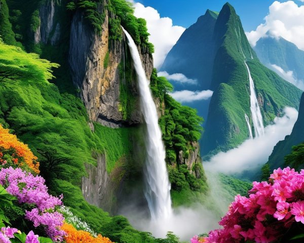 Lush Tropical Landscape with Waterfall and Mountains