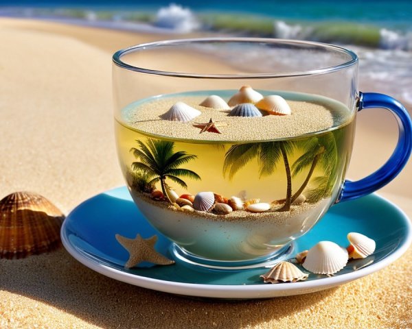 Transparent Cup with Tropical Drink on Beach Setting