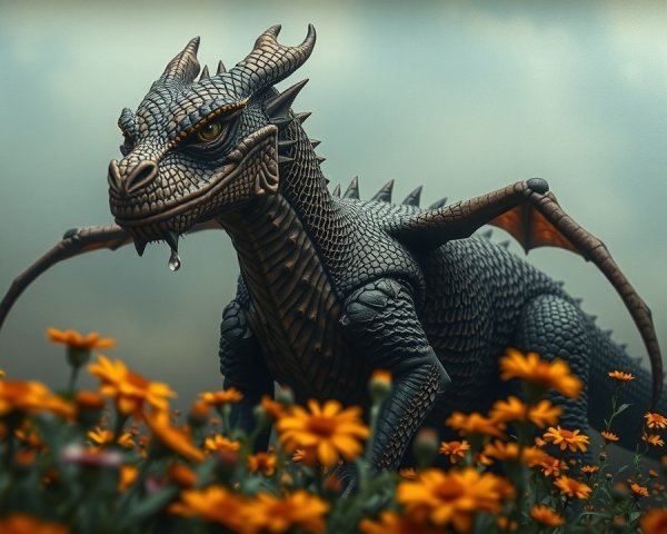 Majestic dragon among vibrant orange flowers and moody sky