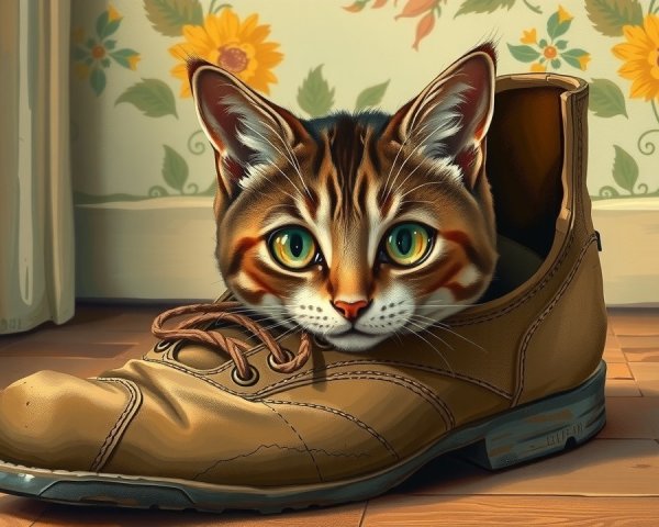 Cat with Green Eyes in Worn Shoe on Wooden Floor