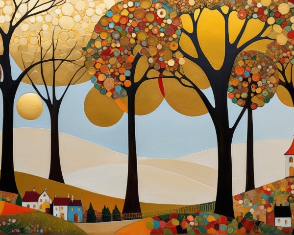 Vibrant Autumn Landscape with Colorful Trees and Houses