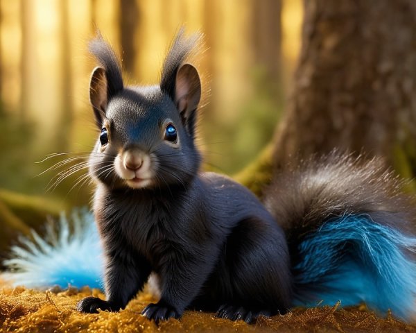 Cartoonish squirrel with black coat in a forest