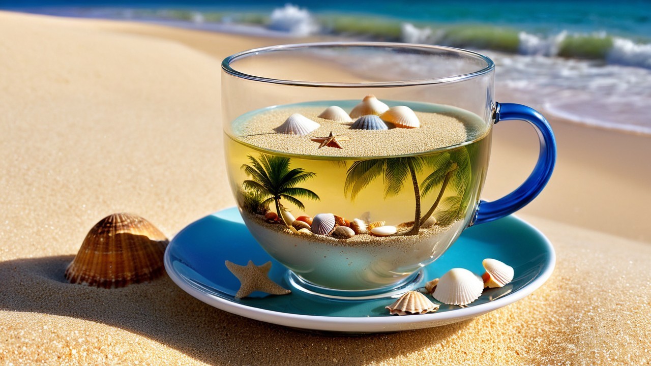 Transparent Cup with Tropical Drink on Beach Setting