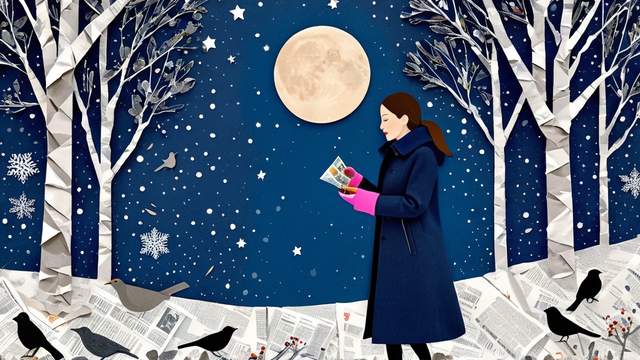 Winter Night Scene with Woman Reading in Snowy Landscape