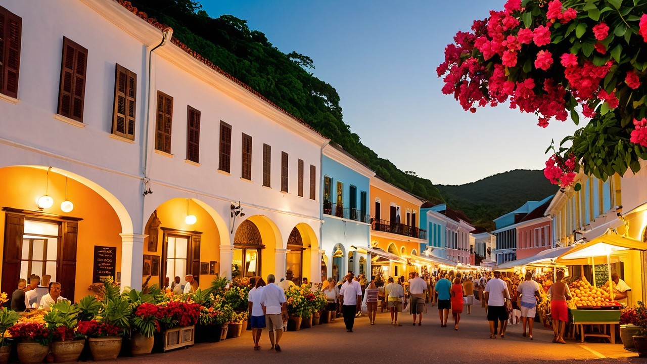 Vibrant Dusk Street Scene with Colorful Buildings