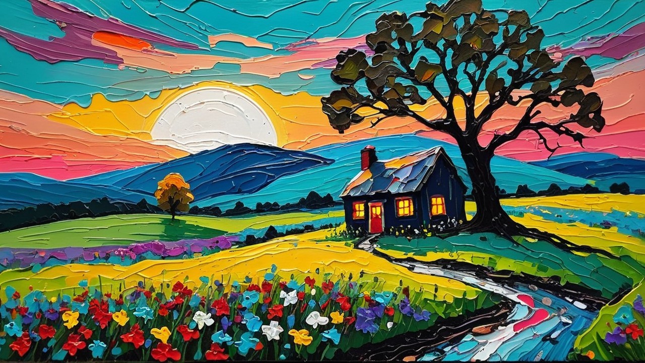 Vibrant Landscape with Cottage and Colorful Wildflowers