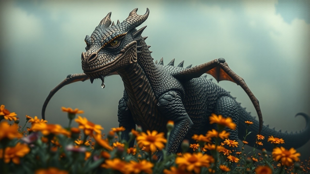 Majestic dragon among vibrant orange flowers and moody sky