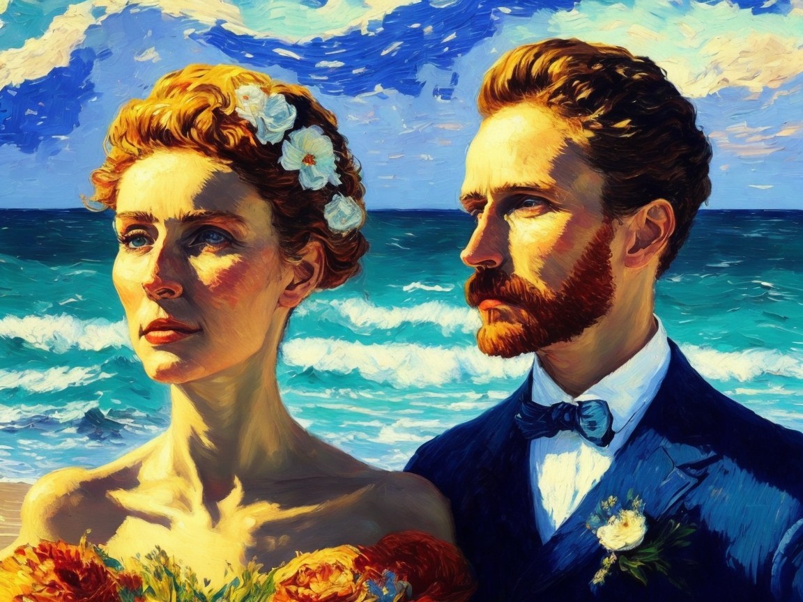 Couple in Floral Dress and Suit by Vibrant Coastline