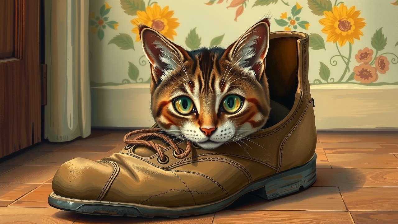 Cat with Green Eyes in Worn Shoe on Wooden Floor