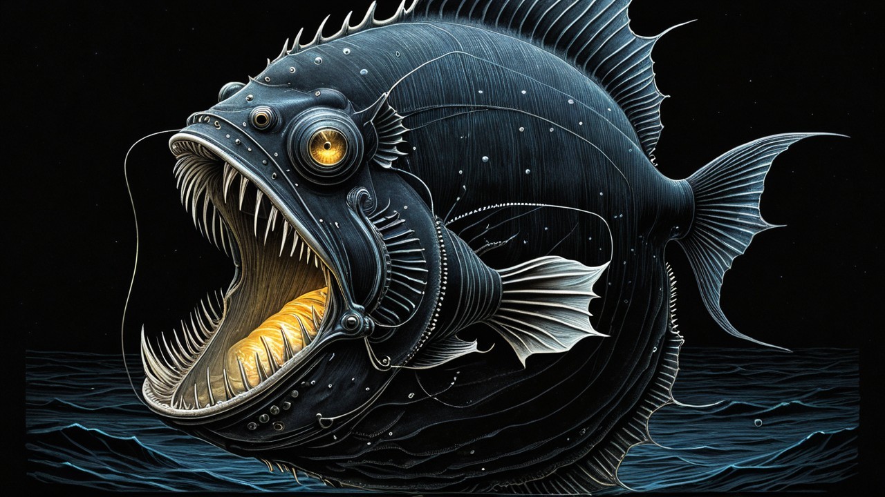 Illustration of a Deep-Sea Fish with Bioluminescent Features